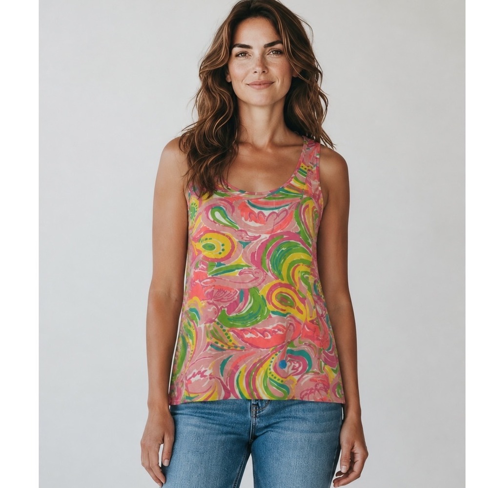 Lilly Pulitzer Women Pink Green Psychedelic Swirl Scoop Neck Tank Top L Neon 70s